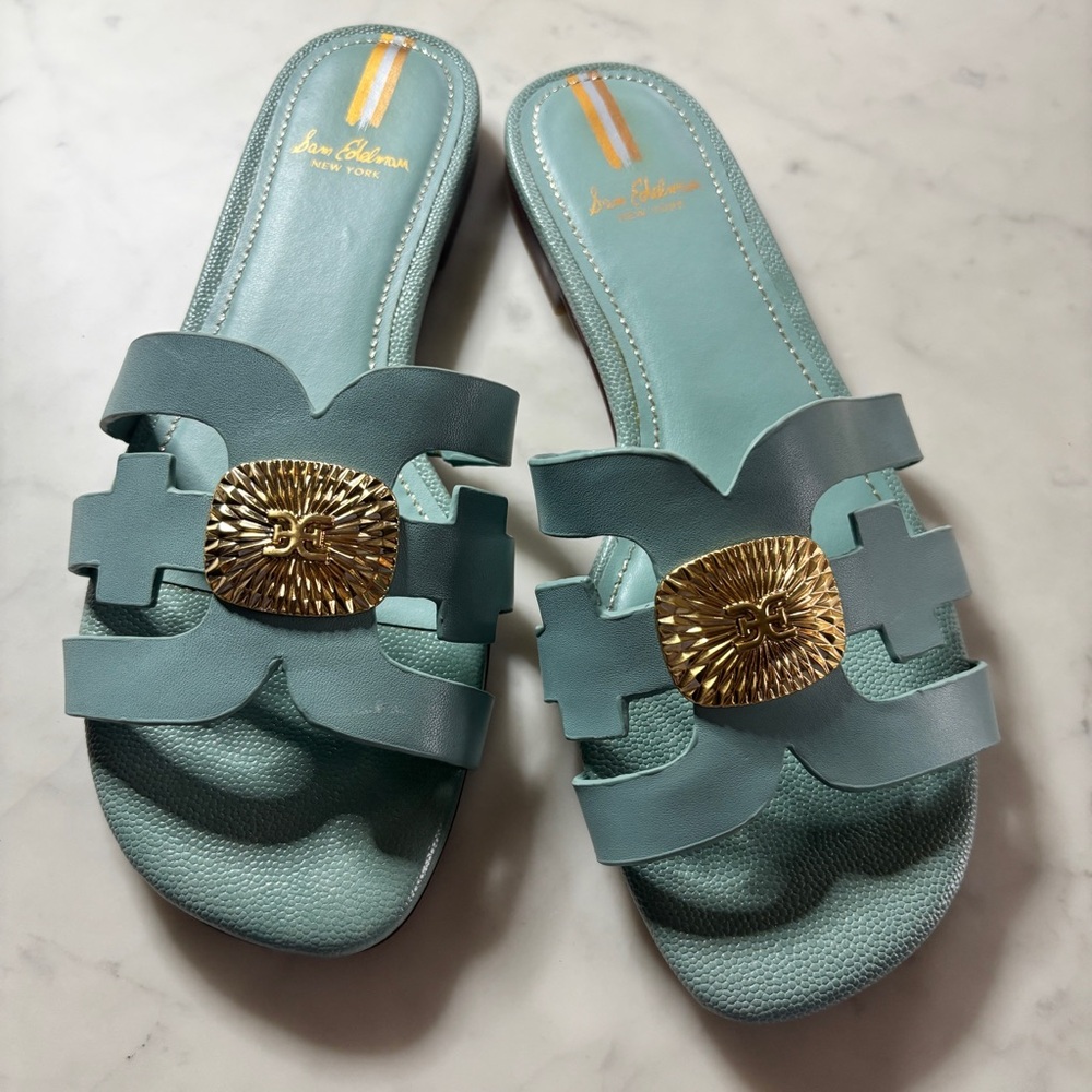 Sam Edelman Sandals Woman’s 6 Bay Radiant Slide Tide Blue Gold Cutout Leather
